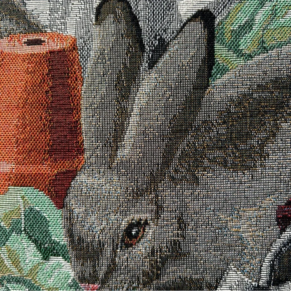 Vintage Easter pillow tapestry bunnies carrots garden green back